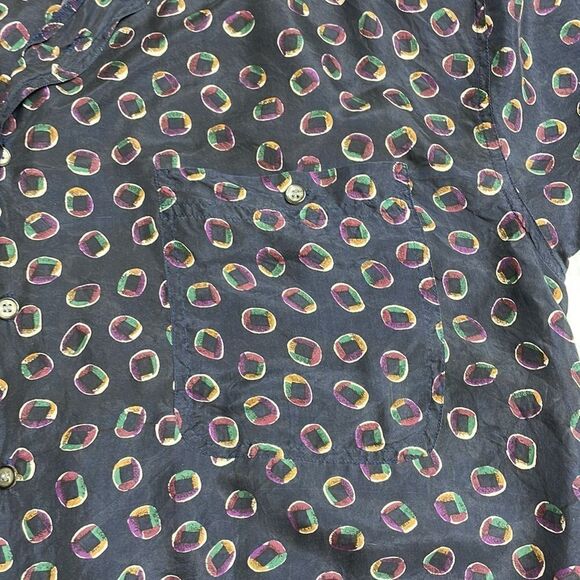 Vintage Fine Line All over Print Silk Button Down Blue Large - Picture 3 of 7